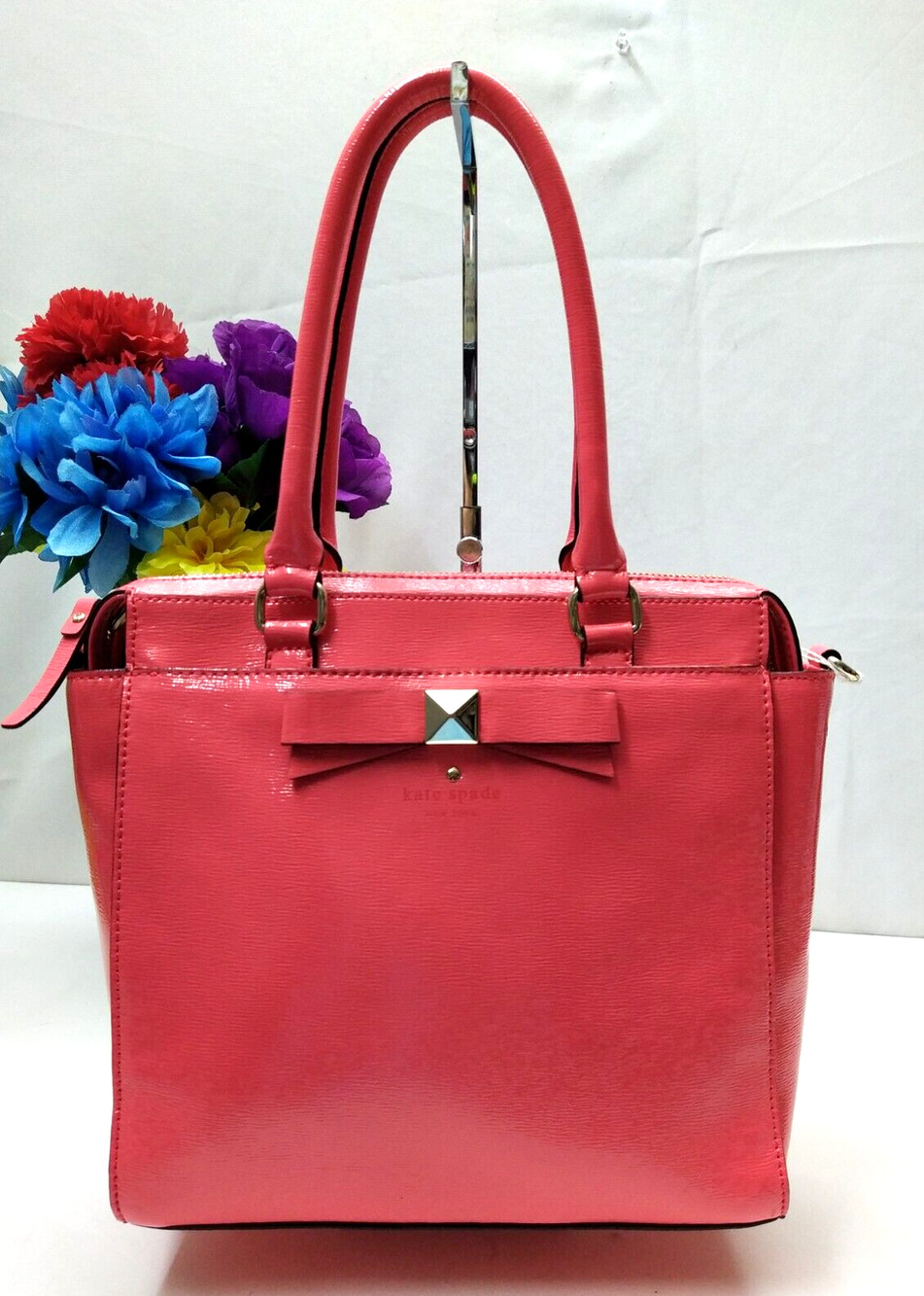 Kate Spade New York Strawberry Red Patent Leather Bow Double Handles Tote Bag
